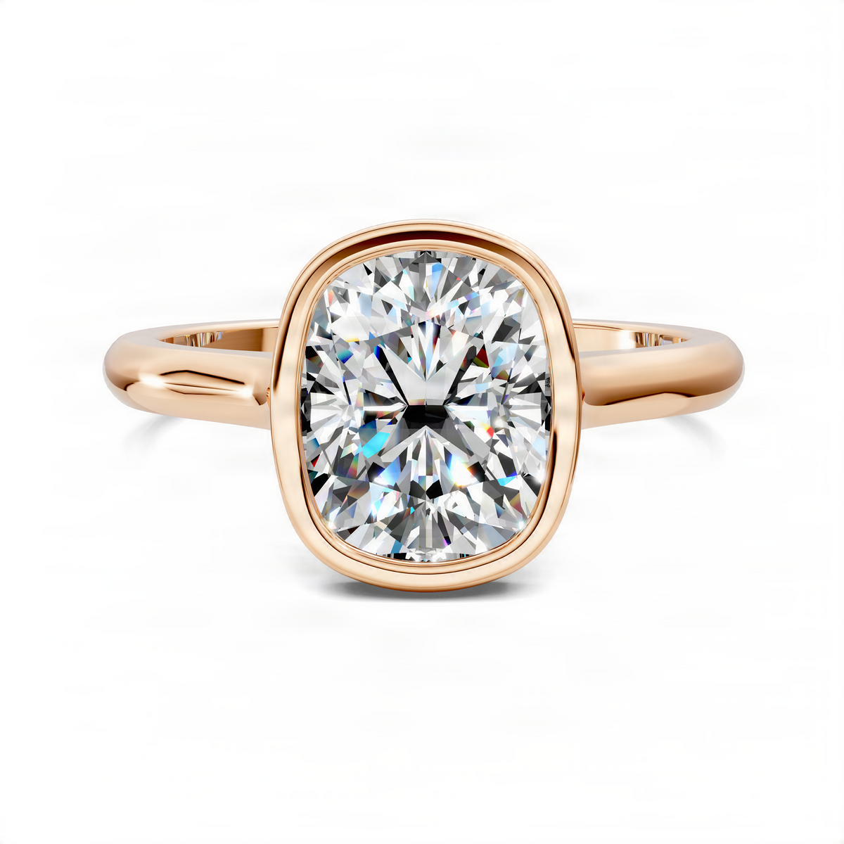 Yellow gold cushion bezel cathedral solitaire ring with cushion-cut diamond centerpiece
