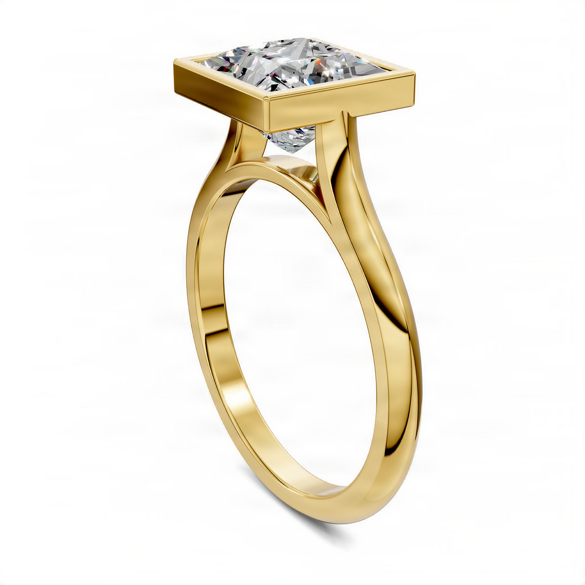 Yellow gold princess-cut bezel solitaire ring with cathedral-style split shoulders