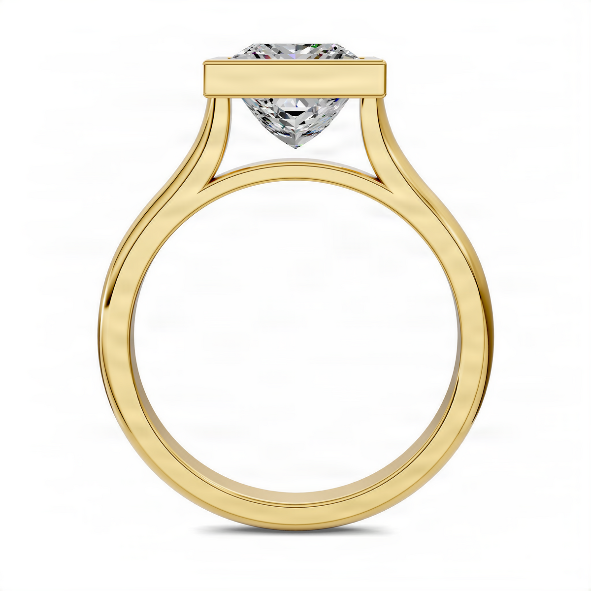Yellow gold bezel solitaire ring with princess-cut center stone and curved cathedral band