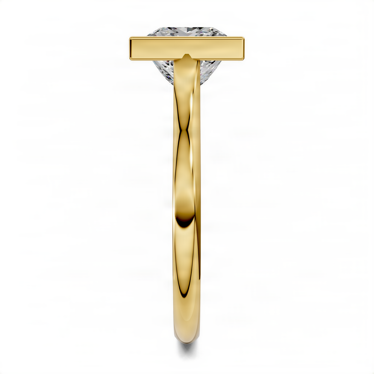 Yellow gold cathedral solitaire ring with bezel-set princess-cut center stone