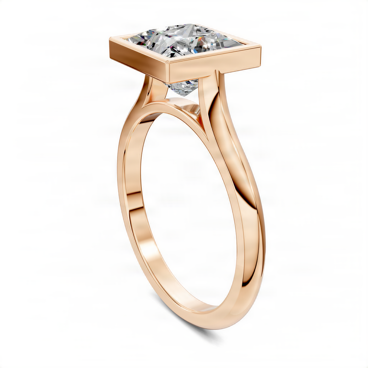 Rose gold bezel solitaire ring with princess-cut center stone and cathedral-style shoulders