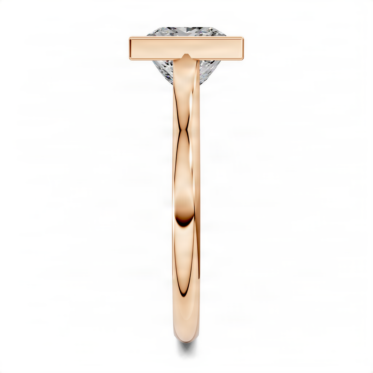 Rose gold cathedral solitaire ring with bezel-set princess-cut center stone