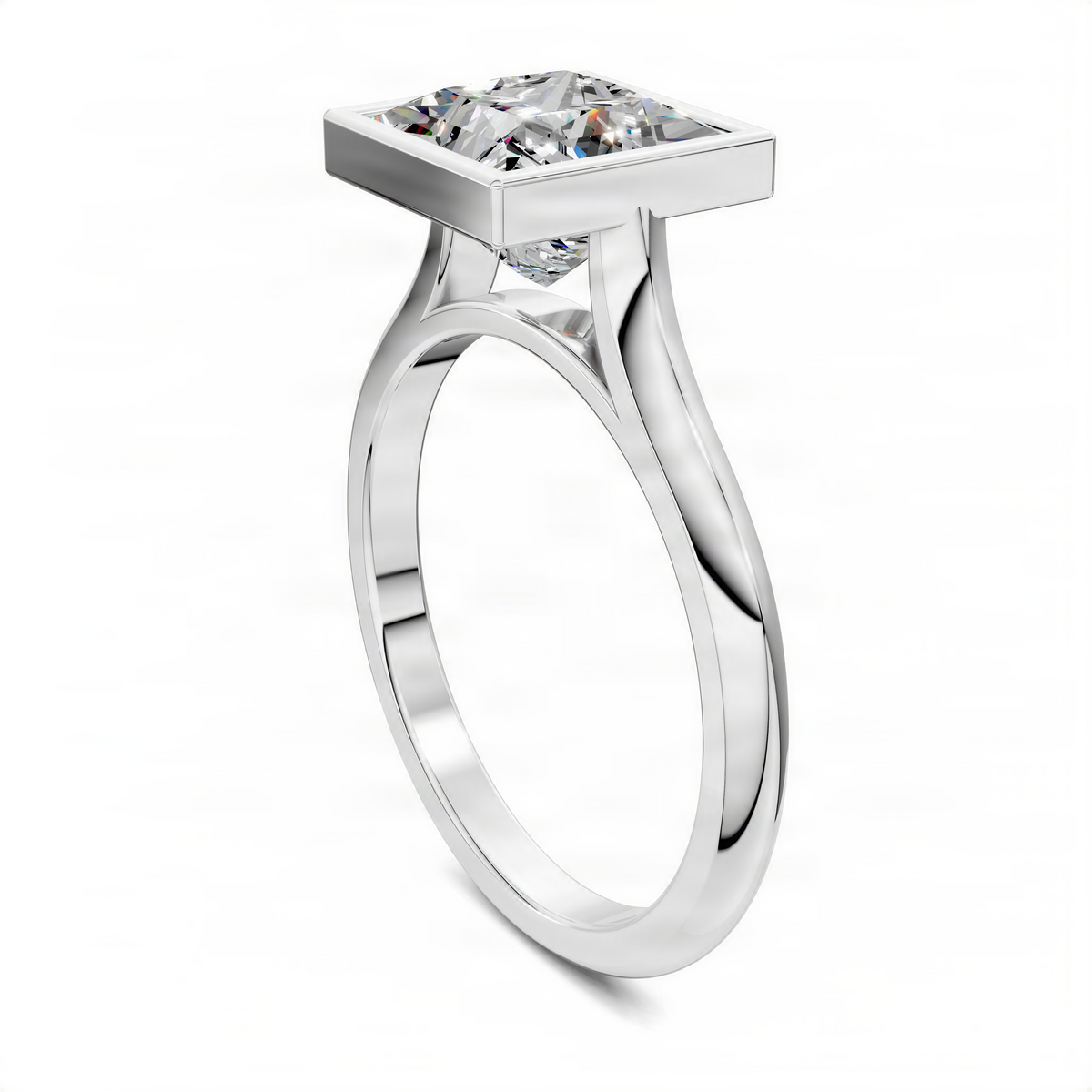 Opes Princess solitaire ring with bezel-set center stone, cathedral-style split shank