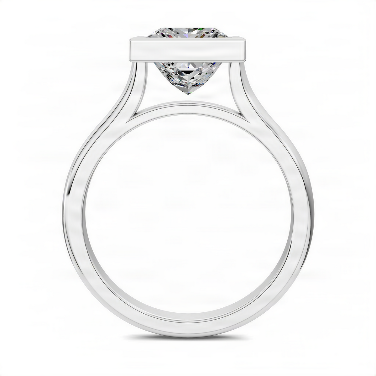 Opes Princess solitaire ring, cathedral prongs holding bezel-set center stone