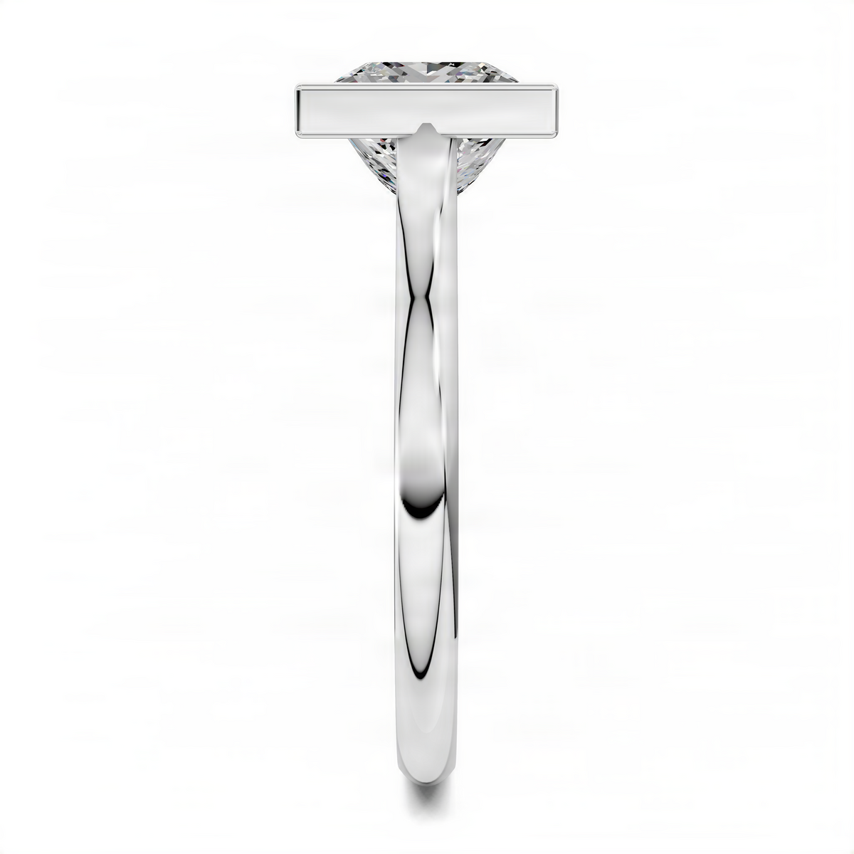 White gold cathedral solitaire ring with bezel-set princess-cut center stone