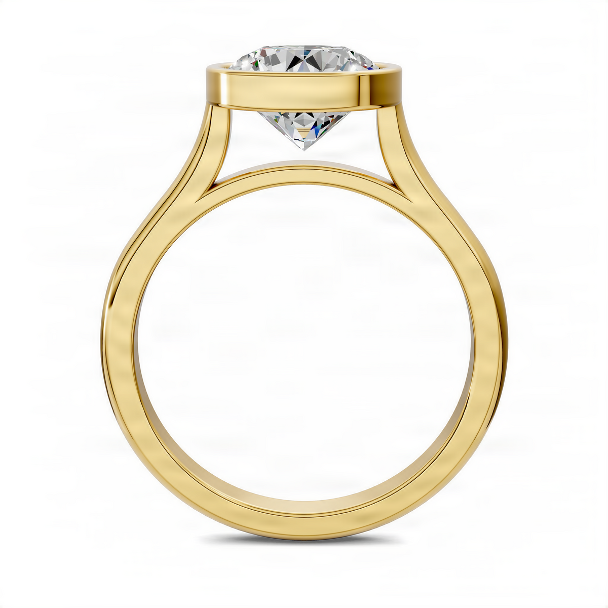Yellow gold round bezel solitaire ring with cathedral shoulders and round center stone