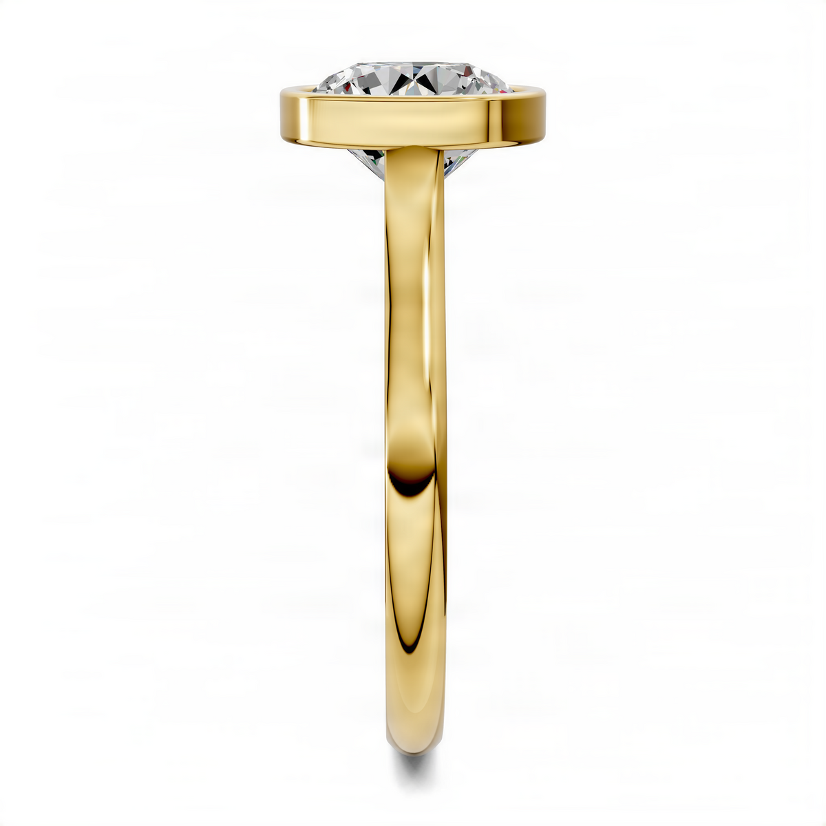 Round bezel cathedral solitaire ring in yellow gold with round center stone