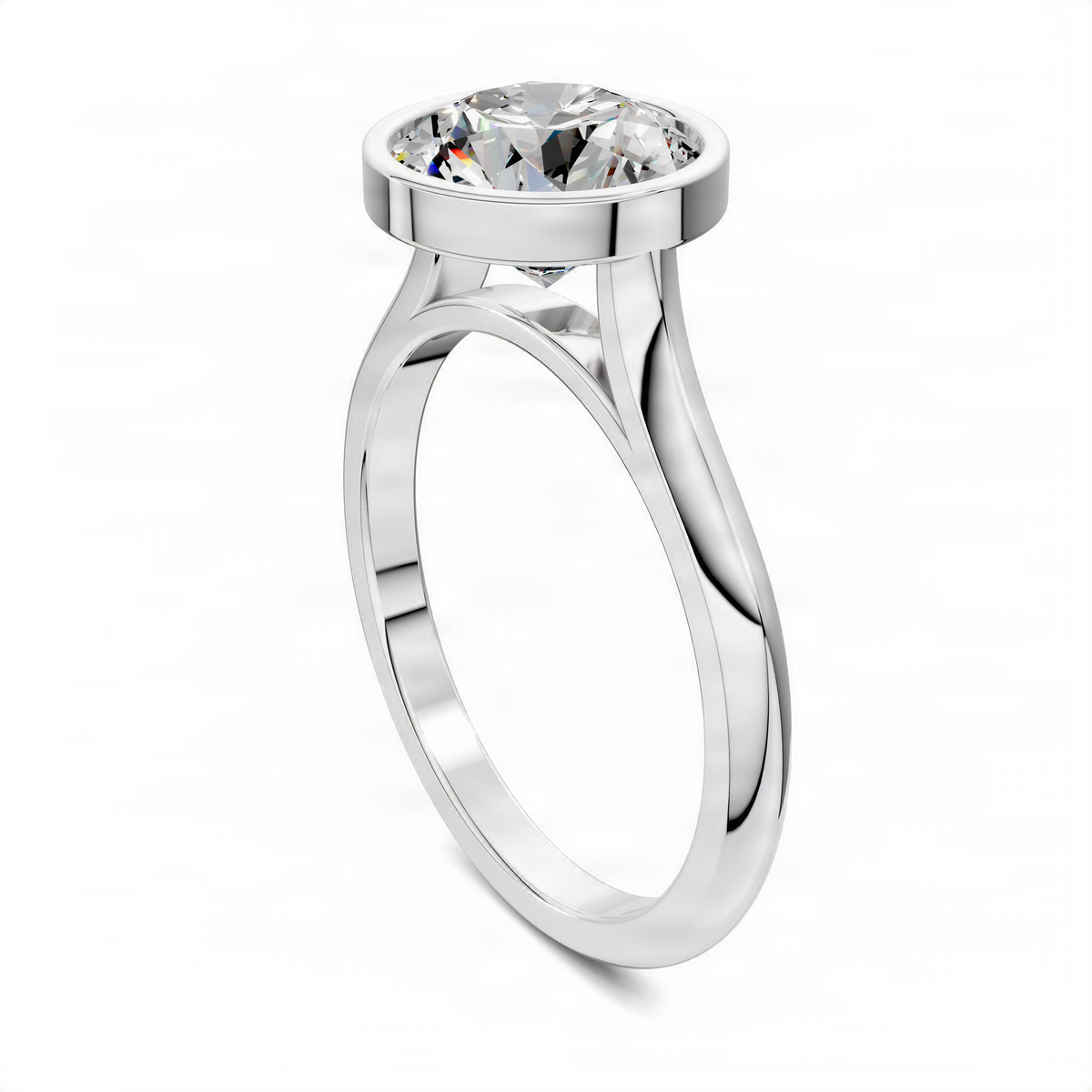 White gold round solitaire ring with cathedral bezel setting and open gallery