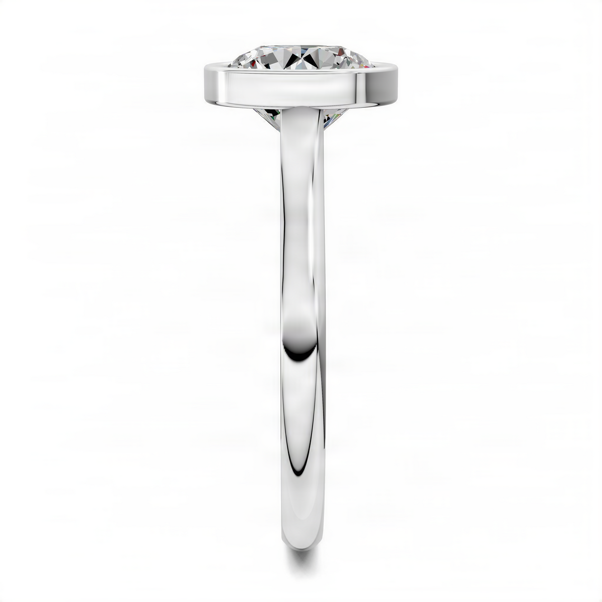 White gold round solitaire ring side view, cathedral bezel set center diamond