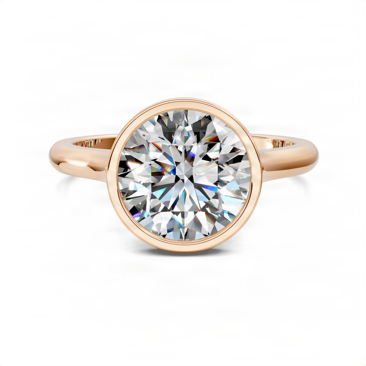 Rose gold round solitaire ring with cathedral bezel set center diamond