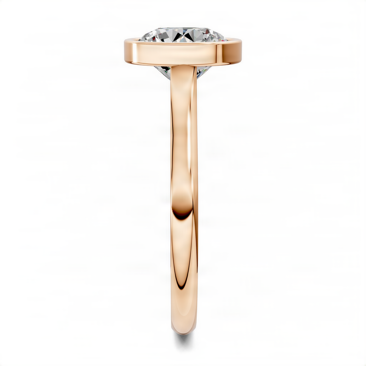 Rose gold round solitaire ring side view, cathedral bezel set center diamond