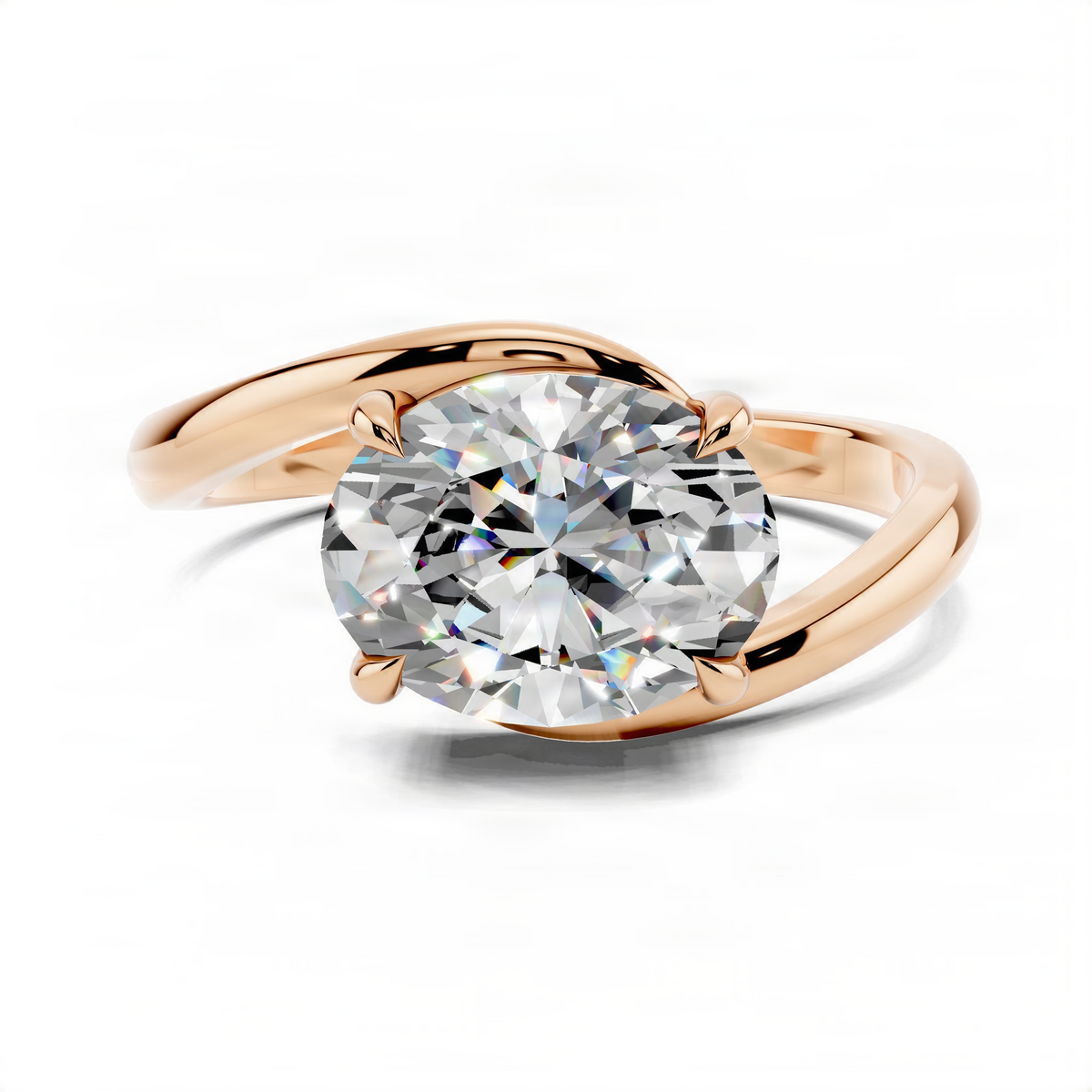 Rose gold oval solitaire engagement ring with prong-set oval diamond and curved bypass band