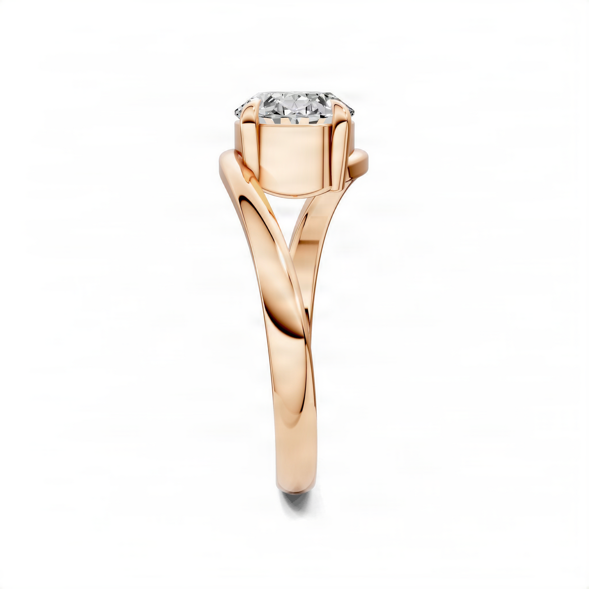 Rose gold oval solitaire bypass engagement ring with faceted oval center stone