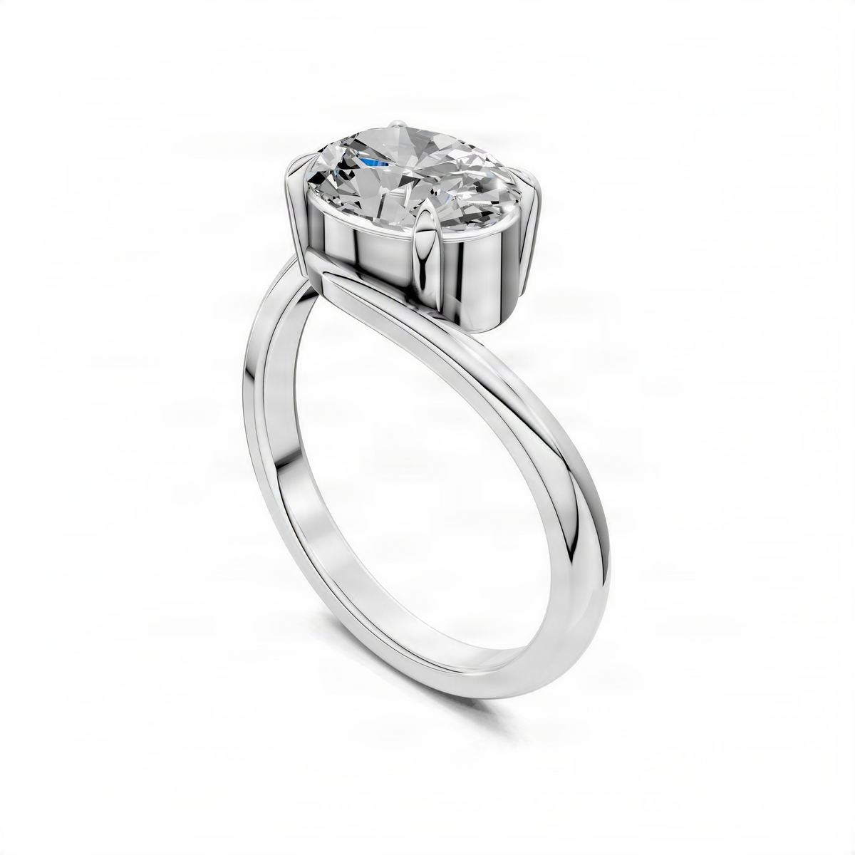 White metal oval solitaire engagement ring with prong-set oval diamond and curved bypass band