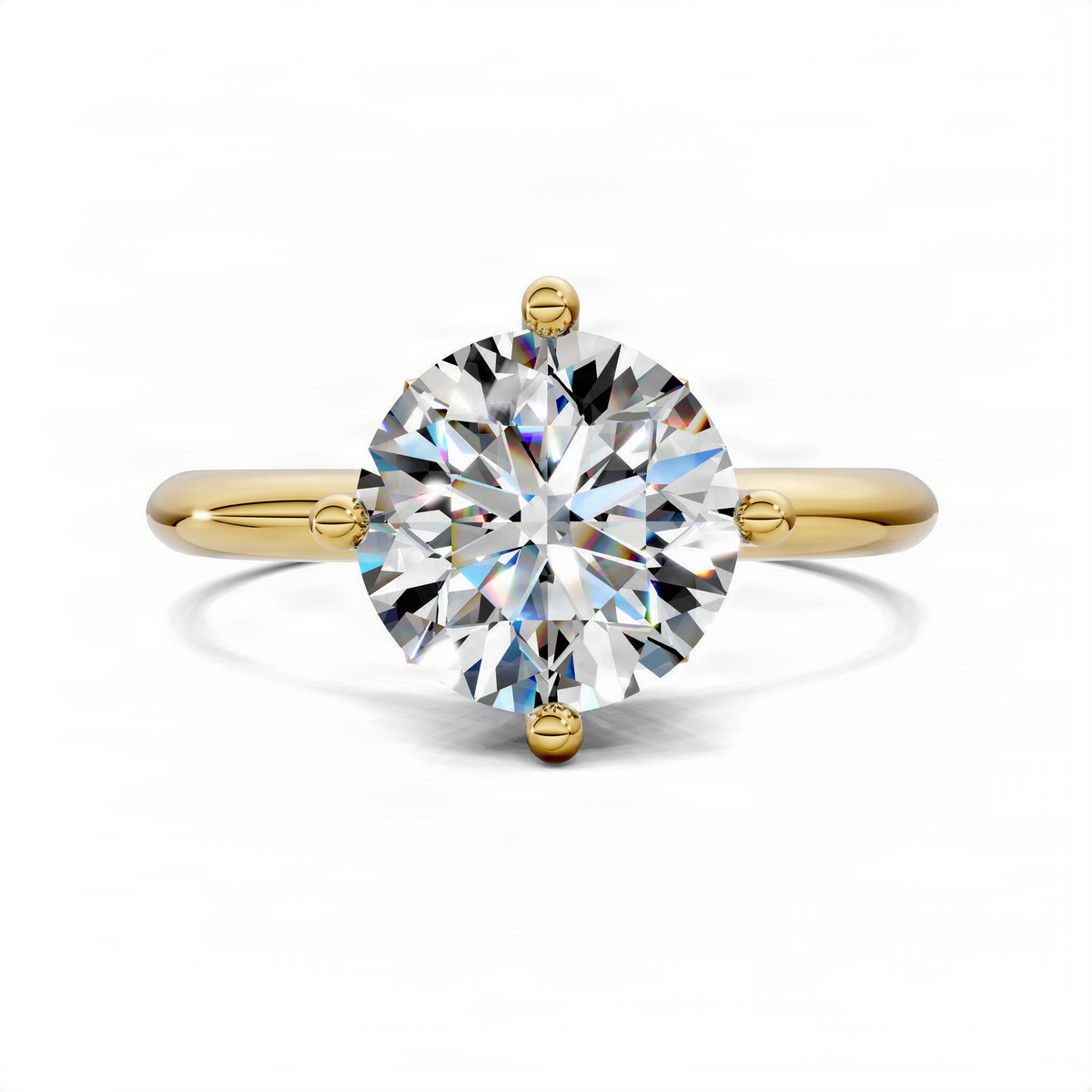Yellow gold solitaire ring with large round diamond, petal crown, and slim band