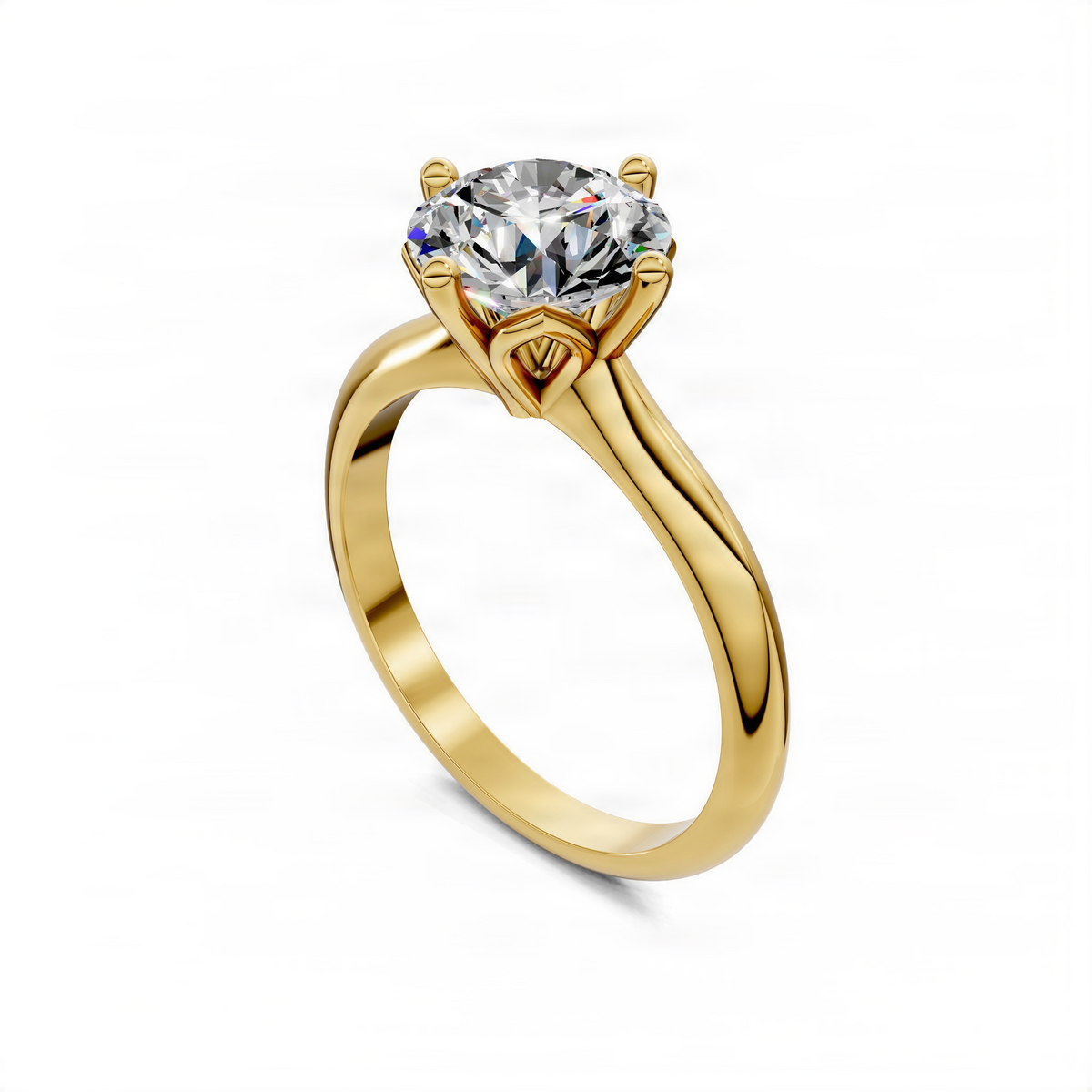 Yellow gold round solitaire engagement ring, angled view of petal crown prongs