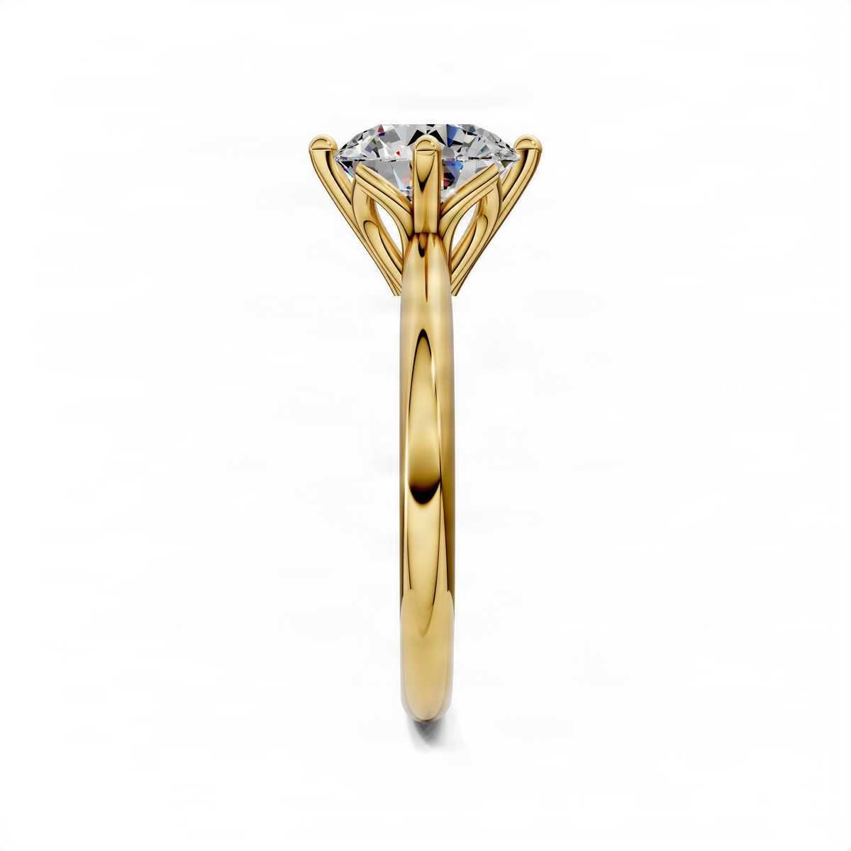 Yellow gold round solitaire engagement ring with petal crown setting and prongs