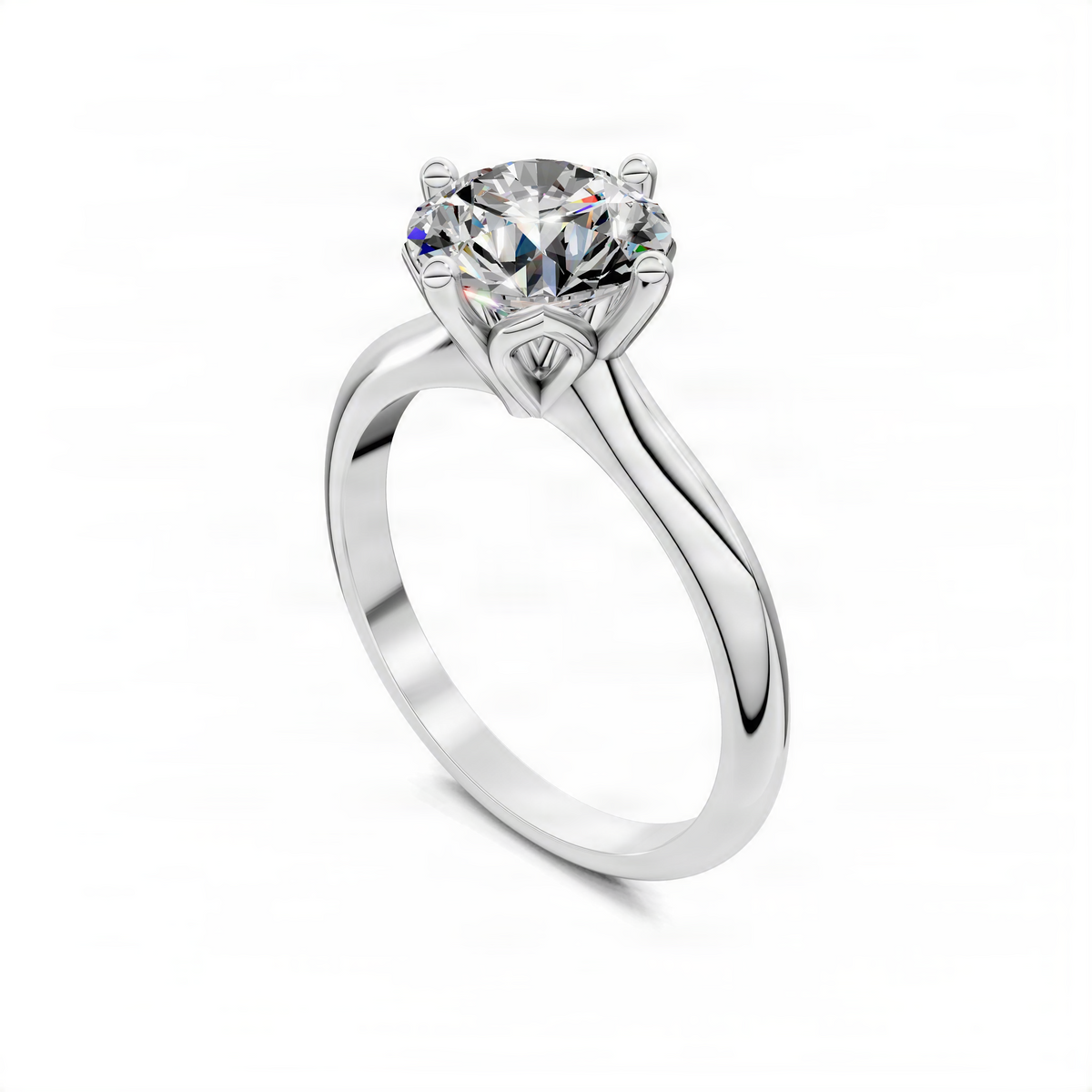 White gold round solitaire engagement ring with petal crown setting and prongs