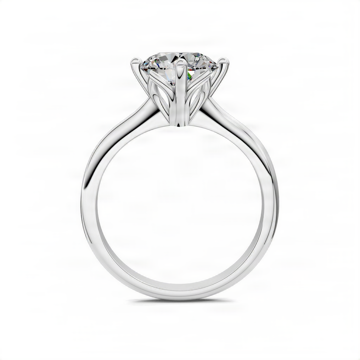 White gold round solitaire engagement ring, front view with petal crown center stone