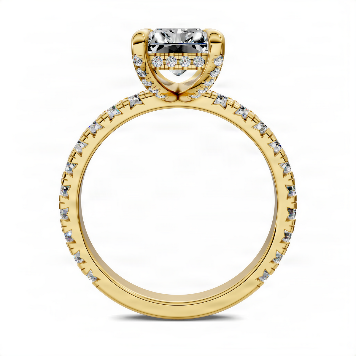Yellow gold diamond ring with large center stone and pavé accents, side profile