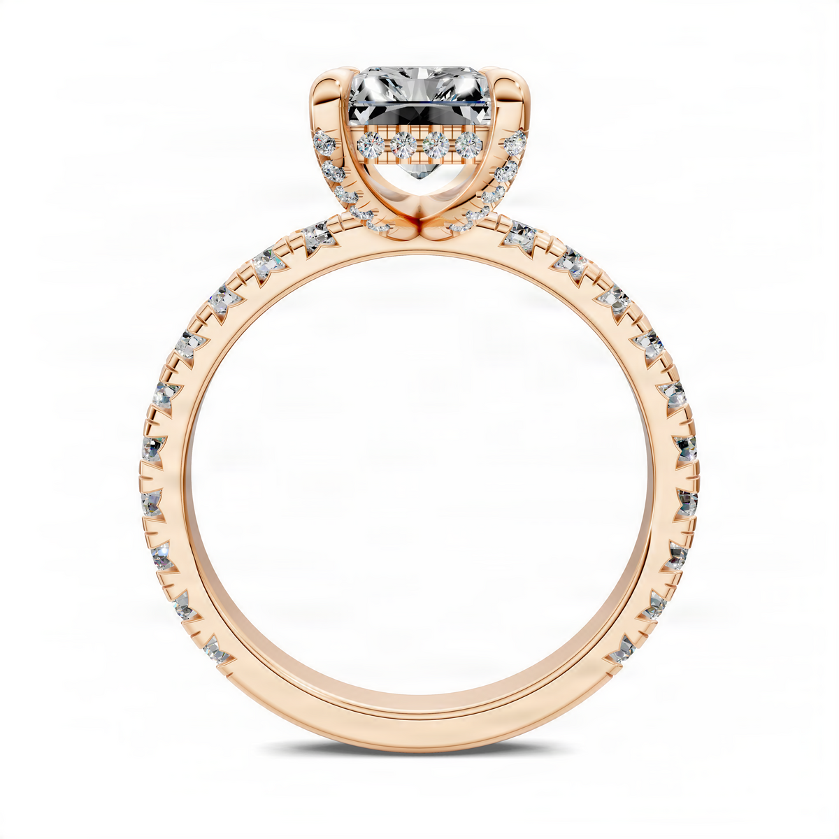 Rose gold ring with round center diamond and pavé-set band