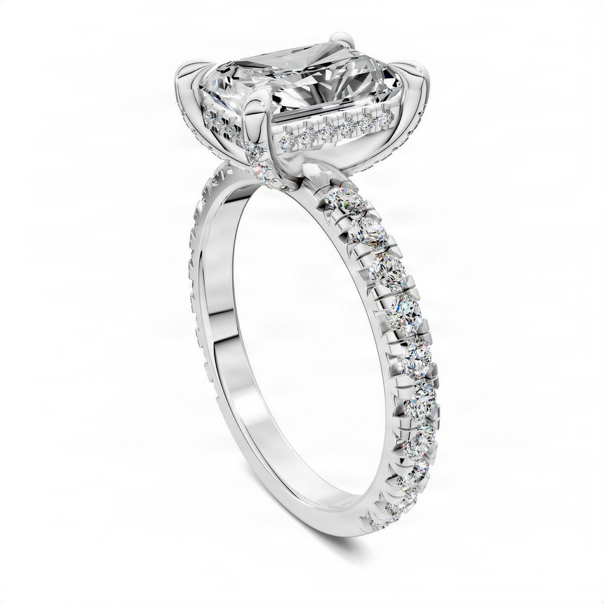 Diamond ring with pavé band and split-prong setting in white metal