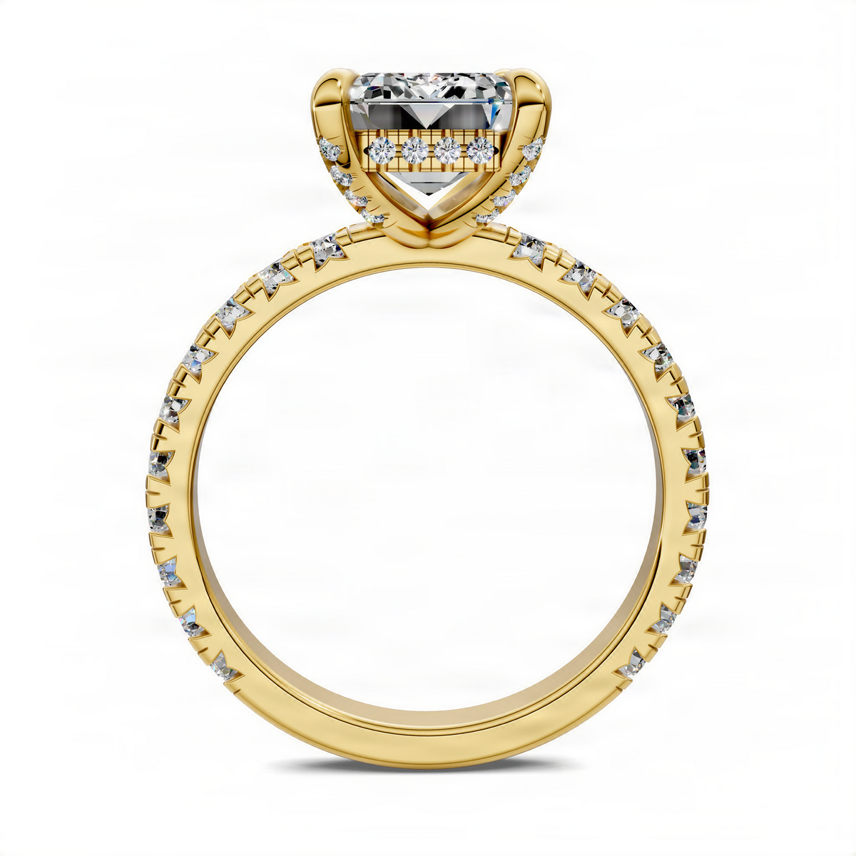Yellow gold ring with emerald-cut center stone and pavé diamond band