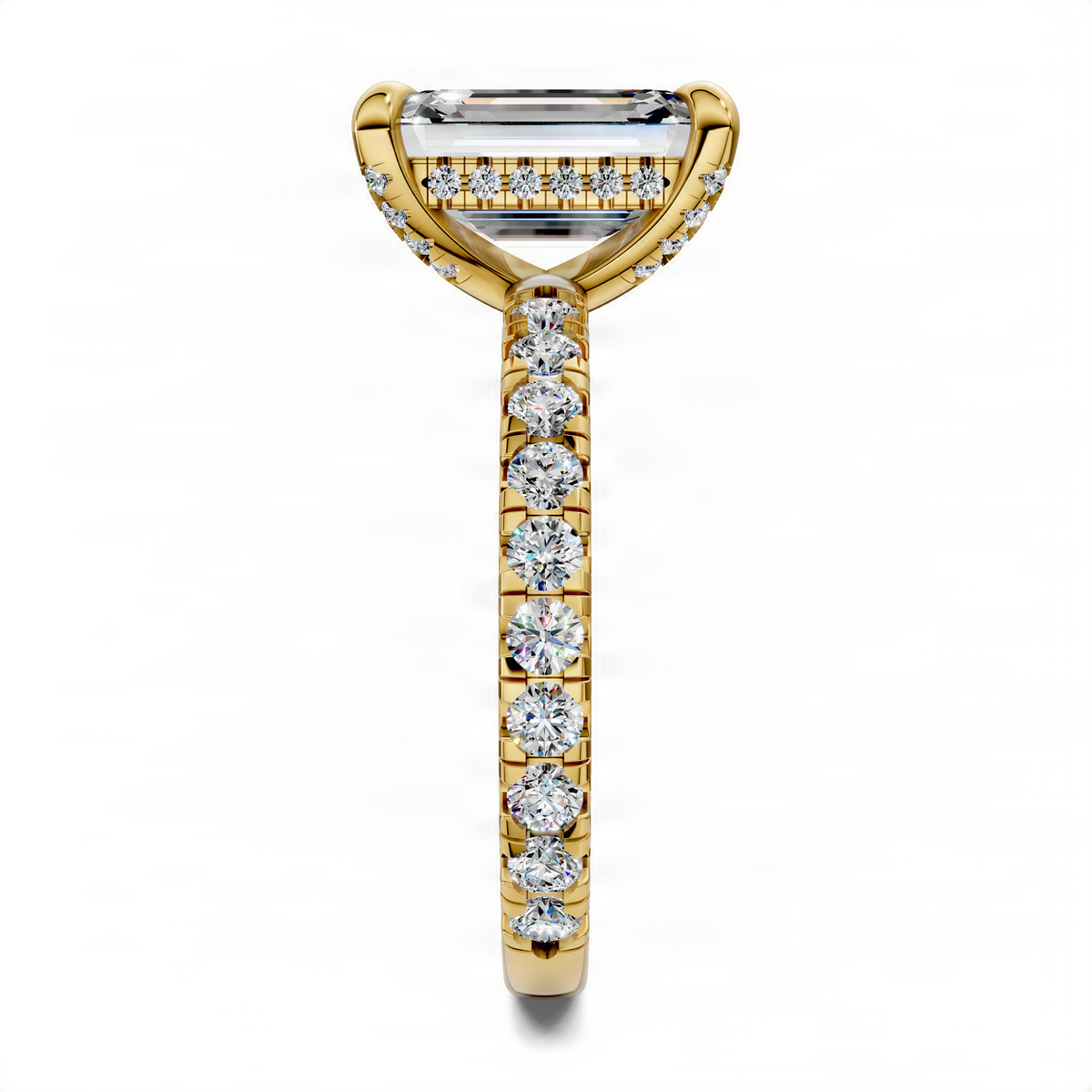 Gold ring with emerald-cut center stone and round diamond accents