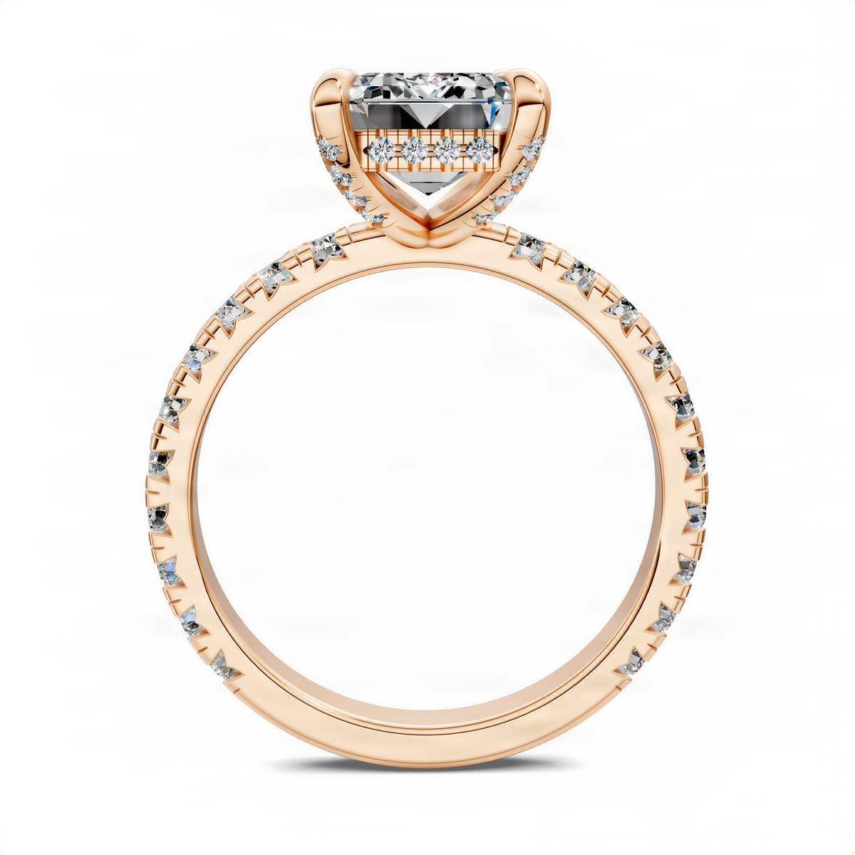 Rose gold accent ring with emerald-cut center stone and pavé band