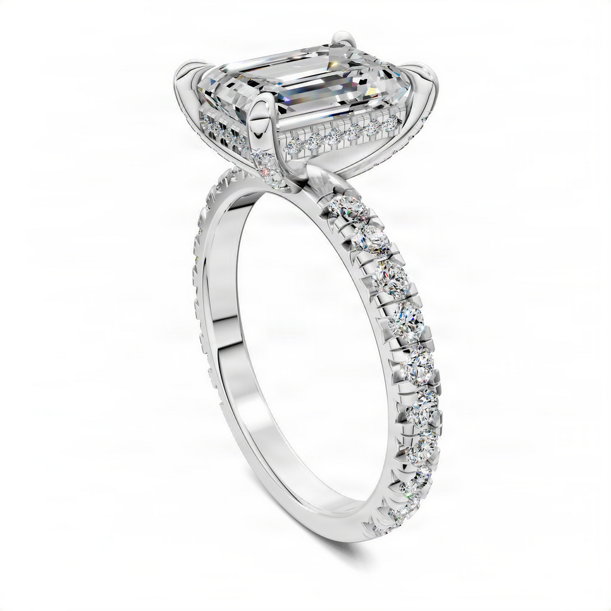 Emerald-cut halo ring with pavé band and prong-set center stone