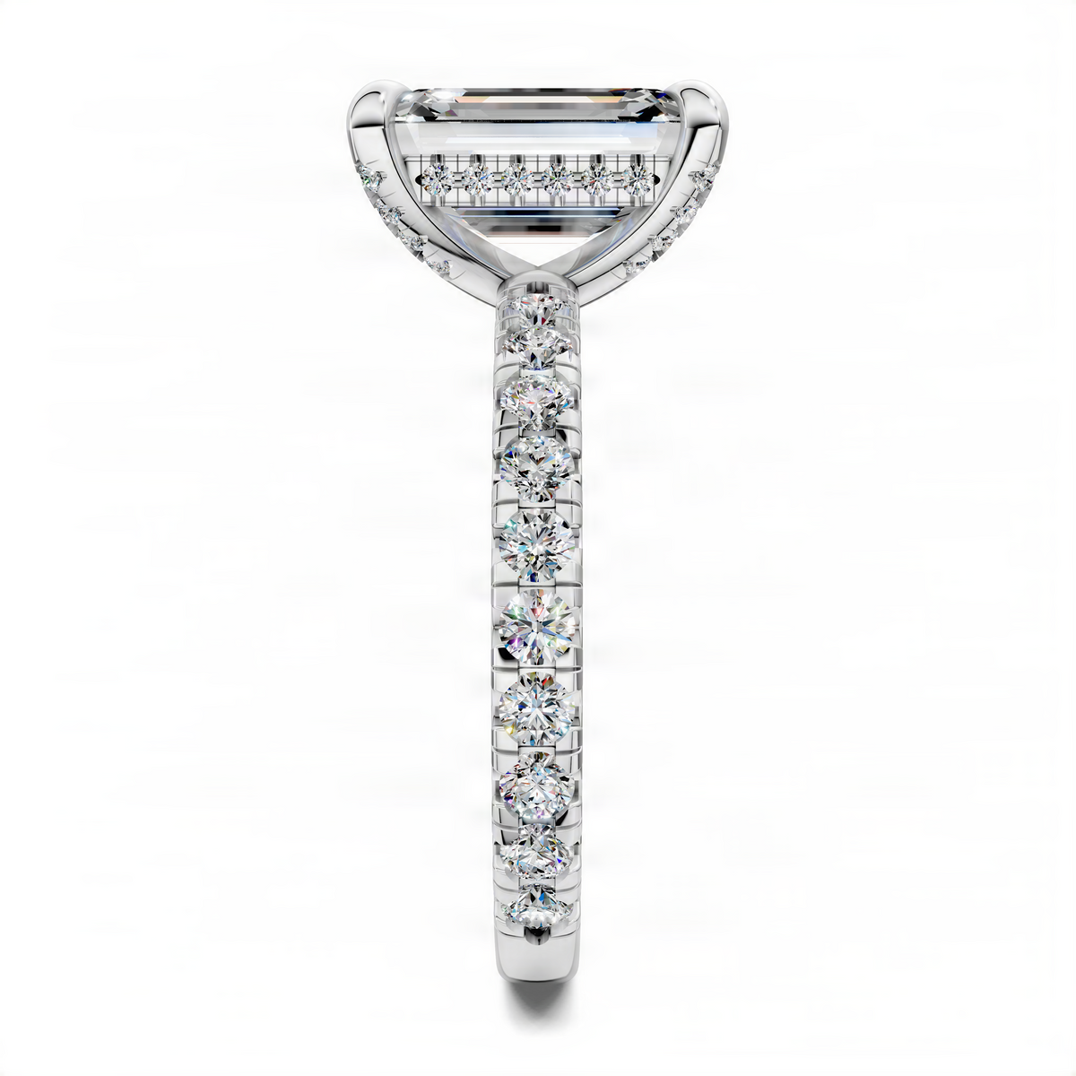 Opes Emerald Gallery Accent Ring, side view with emerald-cut center and diamond band