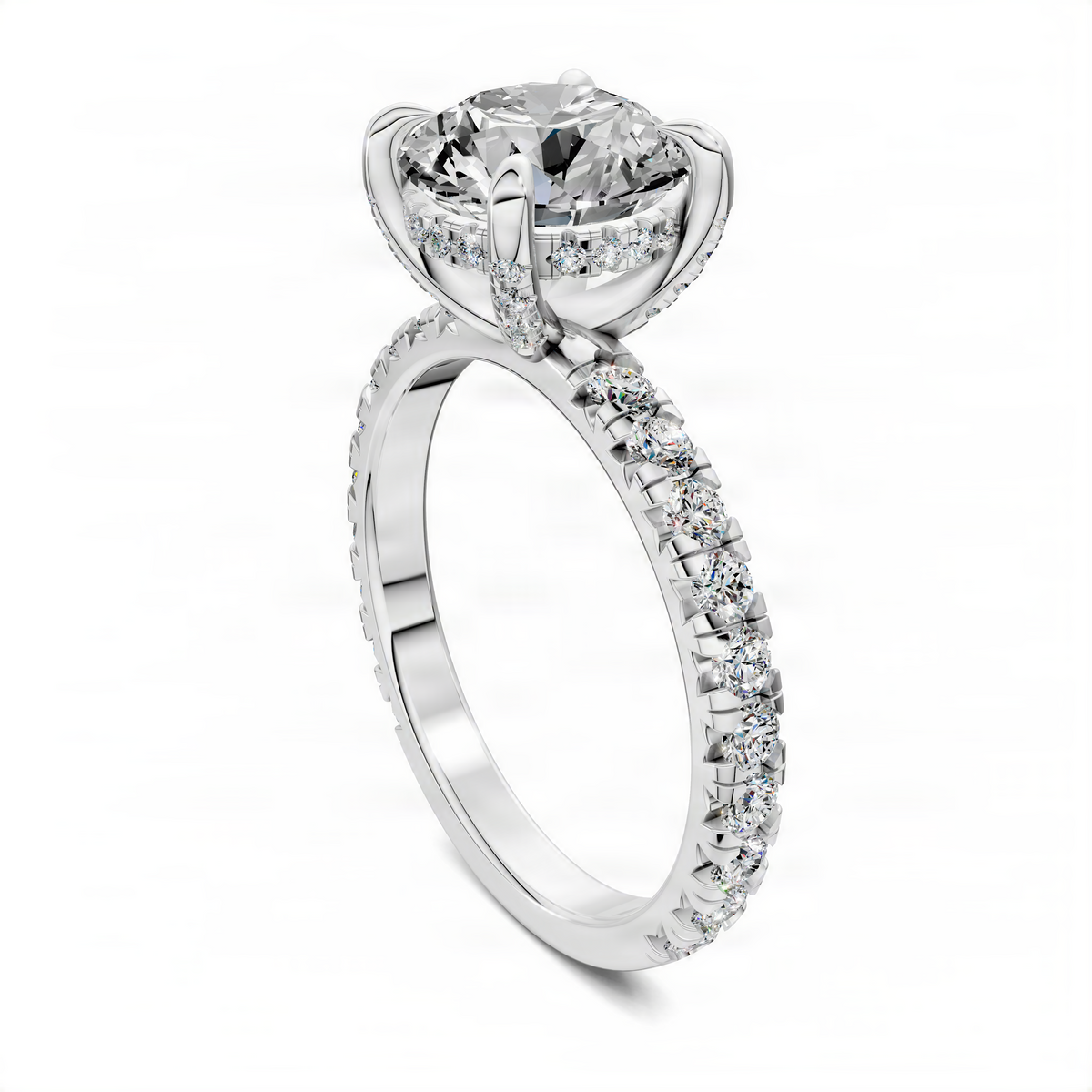 White gold round center diamond ring with halo prongs and pave-set band