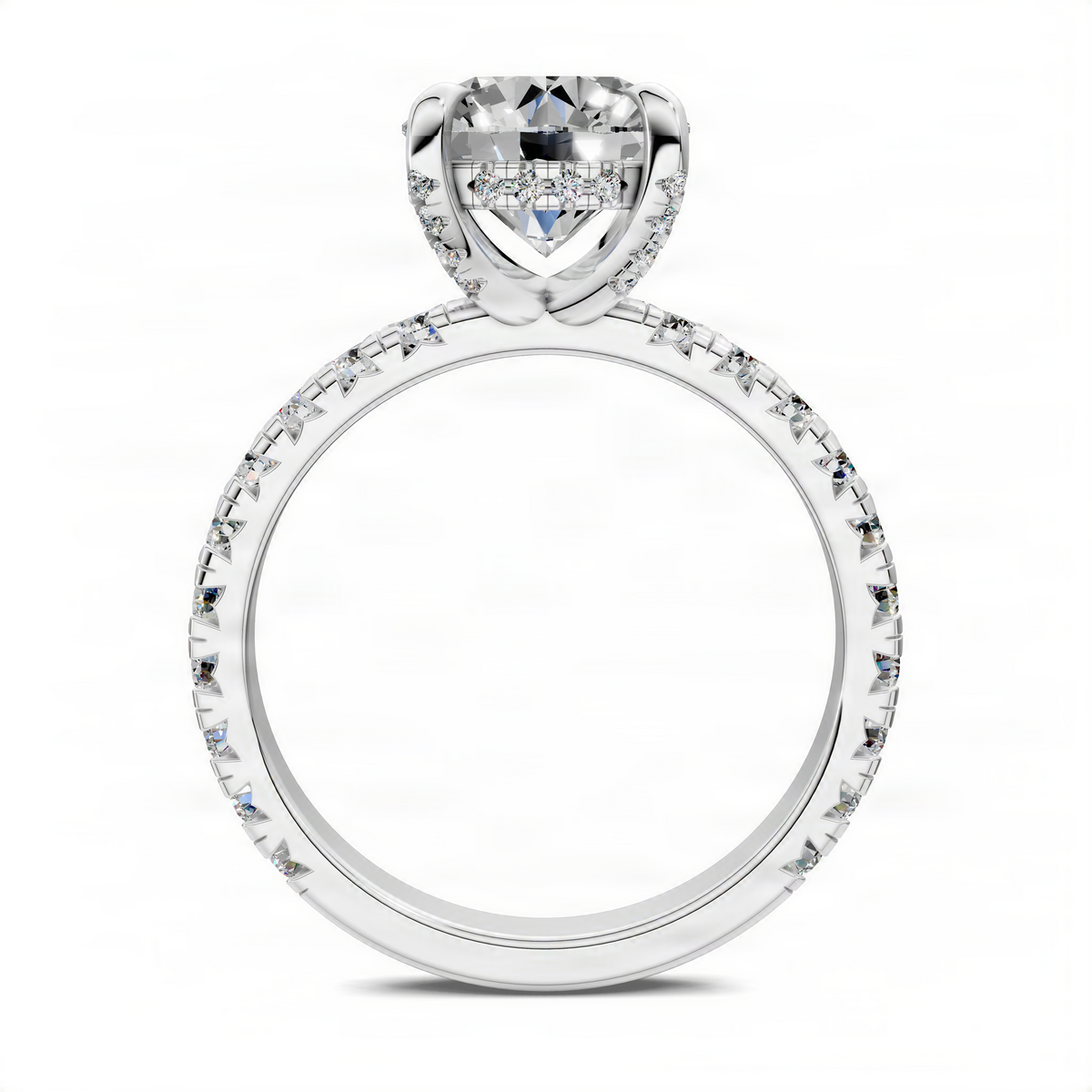 White gold round halo accent ring with prong-set center diamond and side diamonds
