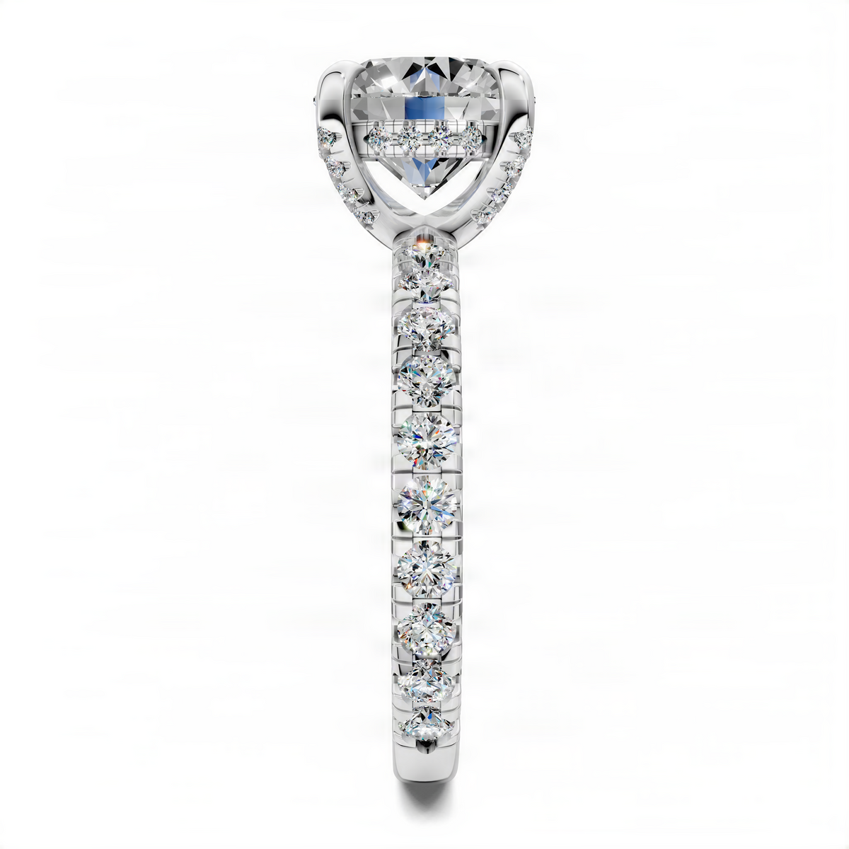 White gold vertical accent ring with prong-set round center diamond and pave side stones