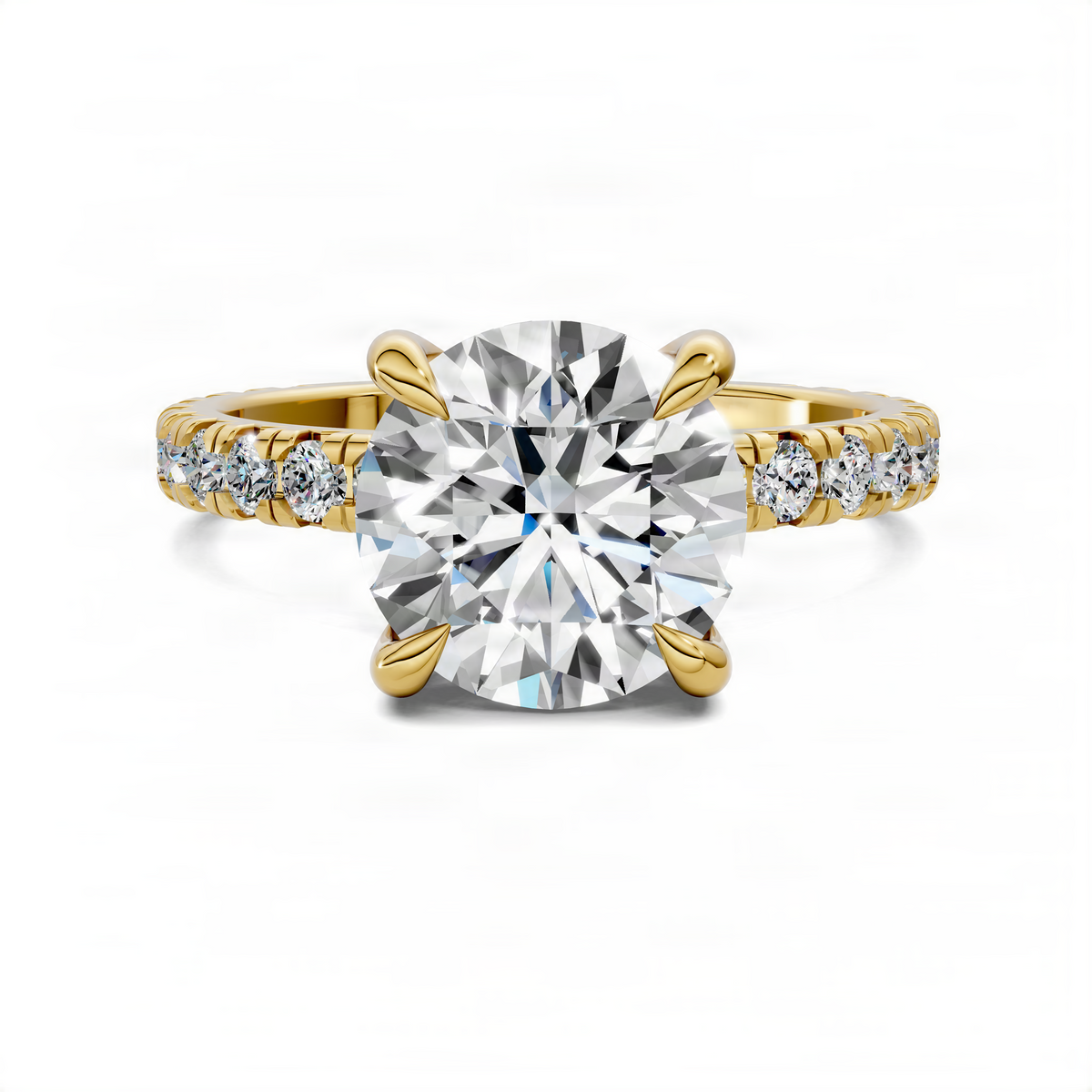 Yellow gold round center diamond ring with diamond halo and small side pave diamonds