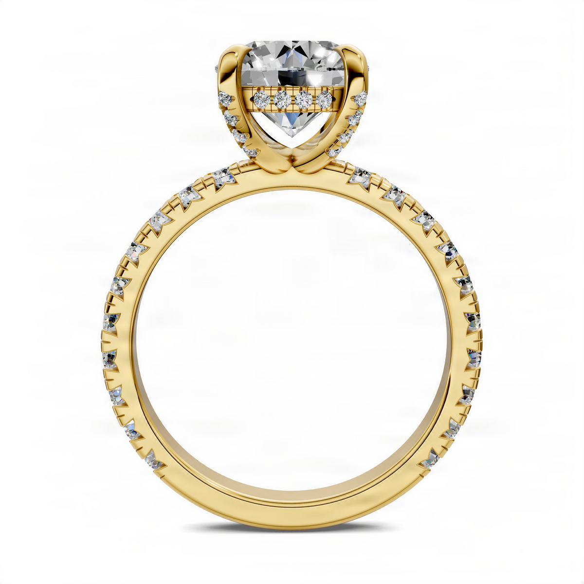 Yellow gold round halo accent ring with prong-set center diamond and side diamonds