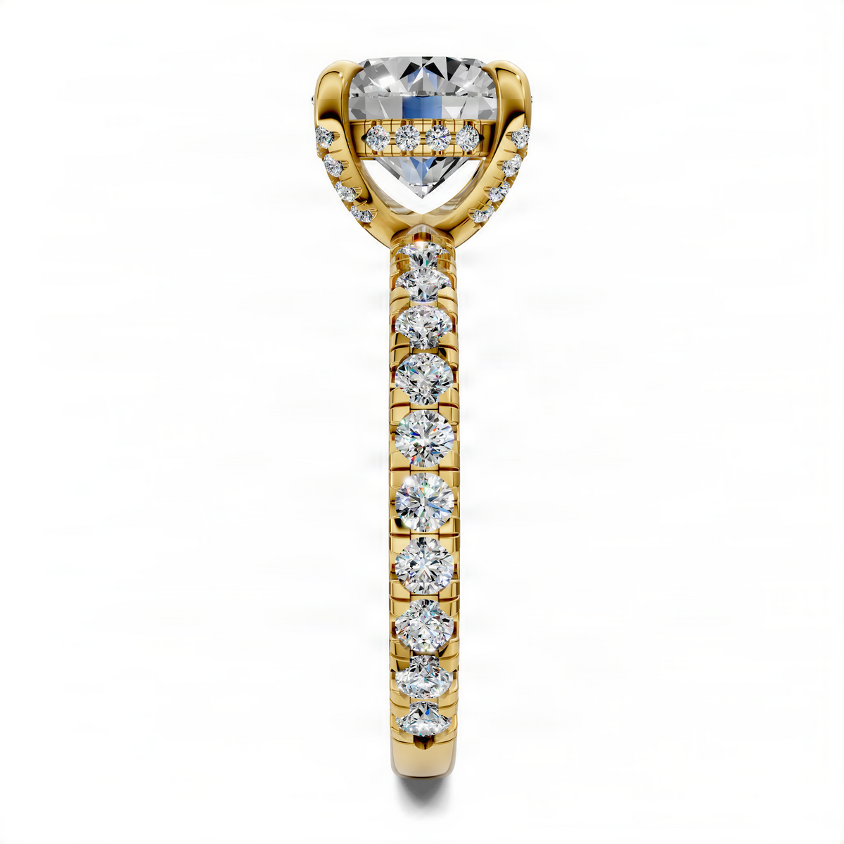 Yellow gold vertical accent ring with prong-set round center diamond and pave side stones