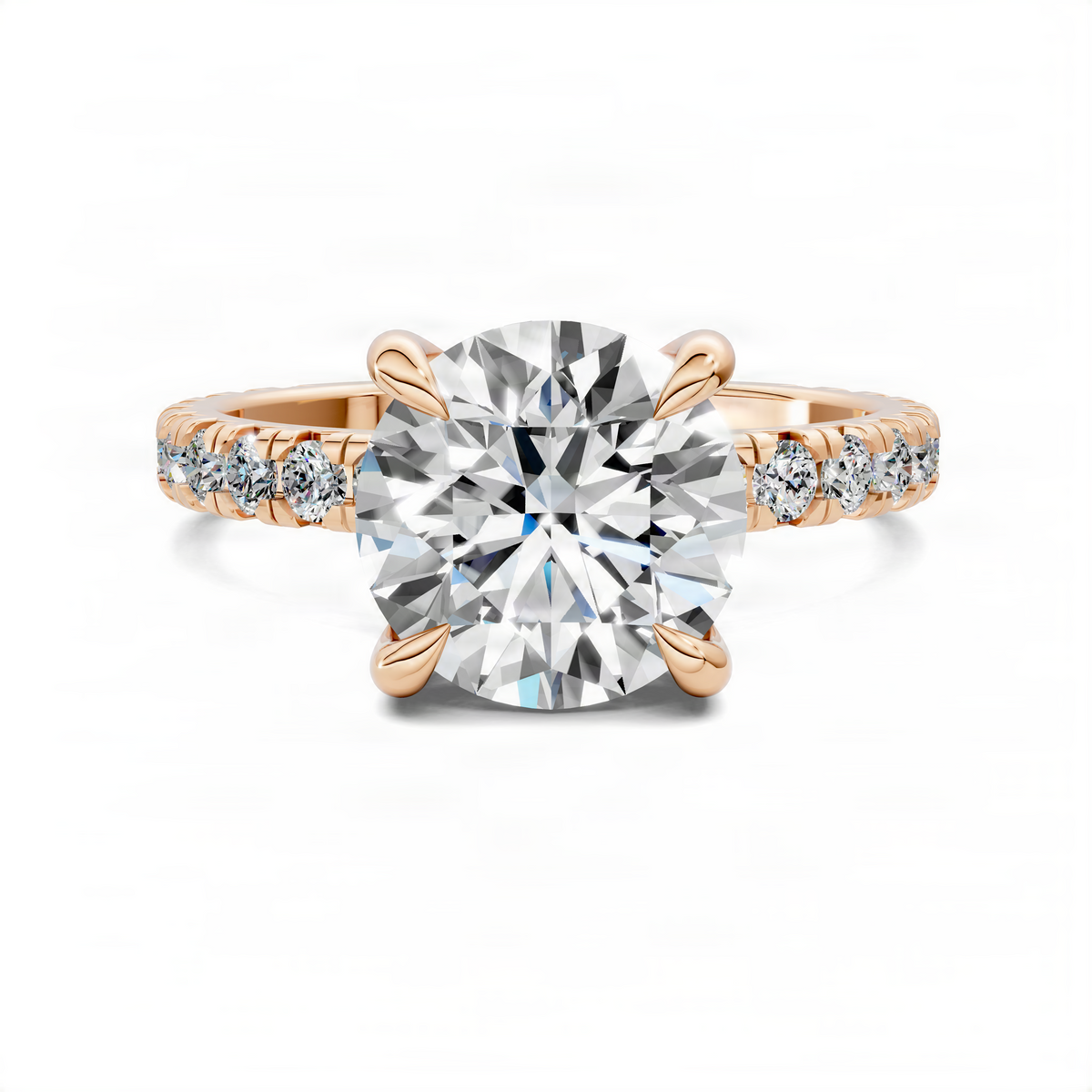 Rose gold round center diamond ring with diamond halo and side pave accents