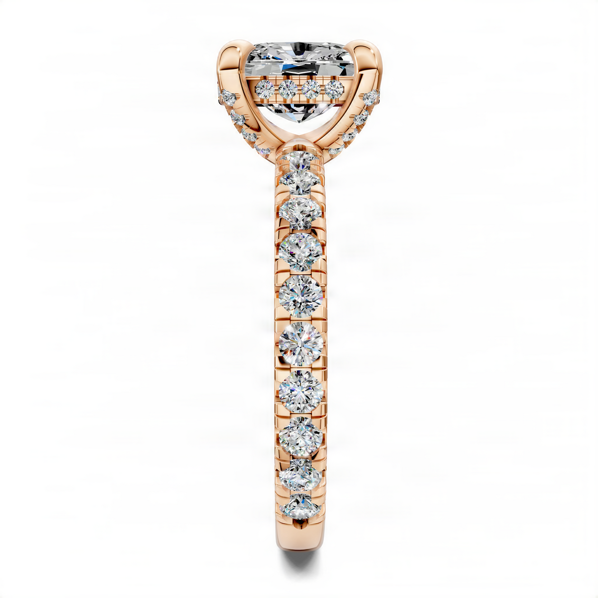 Opes cushion accent ring in rose gold with cushion-cut center stone and pavé band
