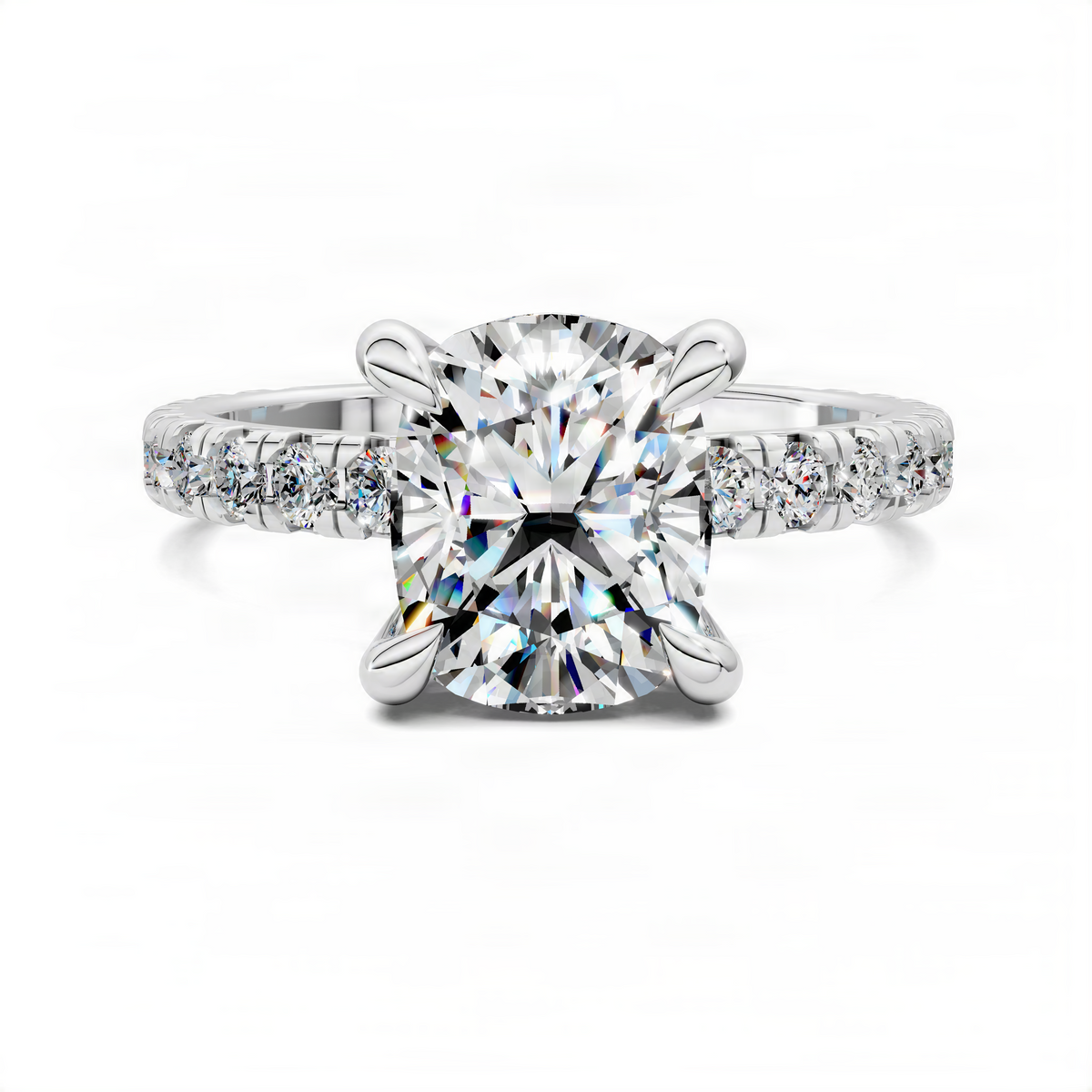 Diamond engagement ring with cushion-cut center stone and pavé band