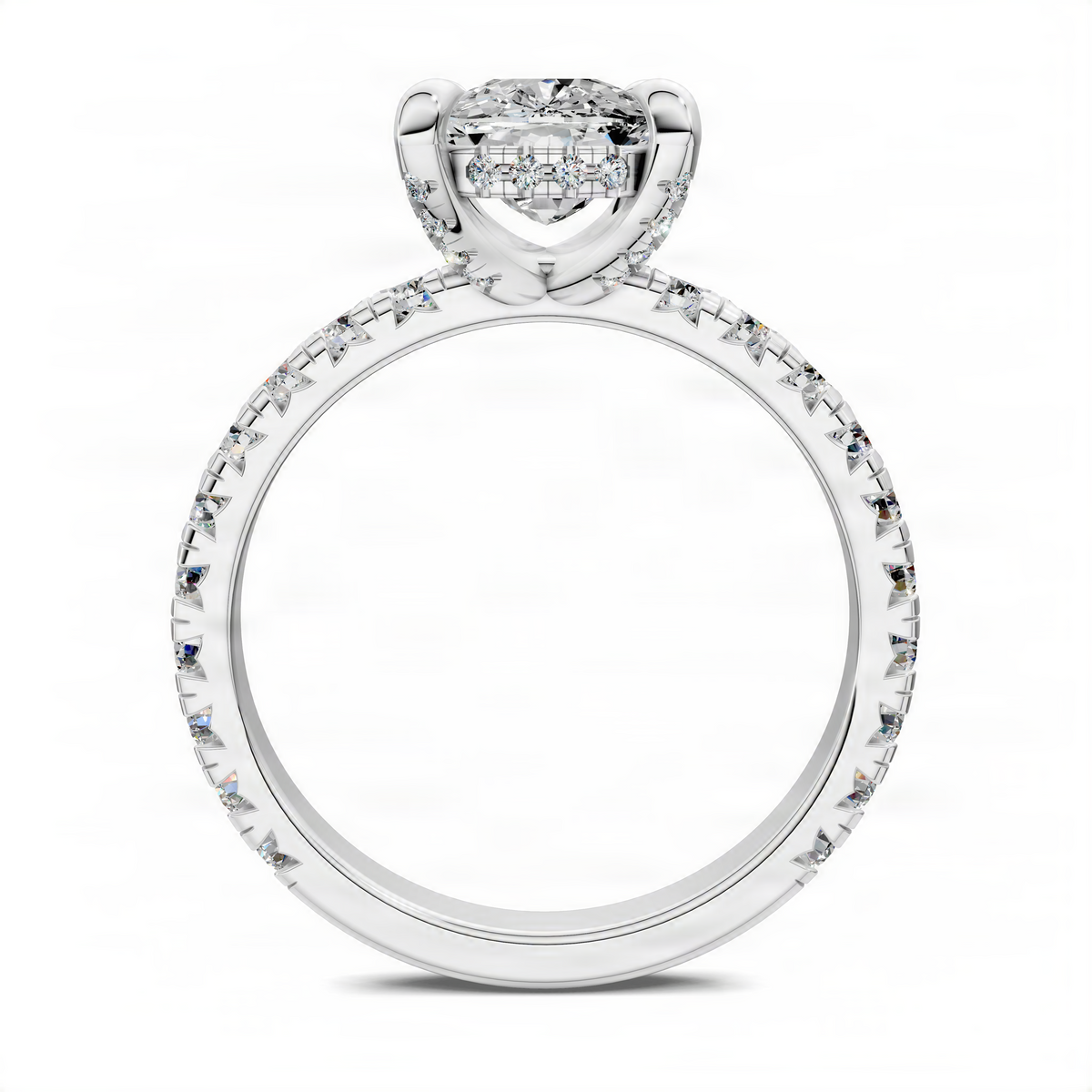 Cushion halo accent ring with round pavé band and prong-set center stone