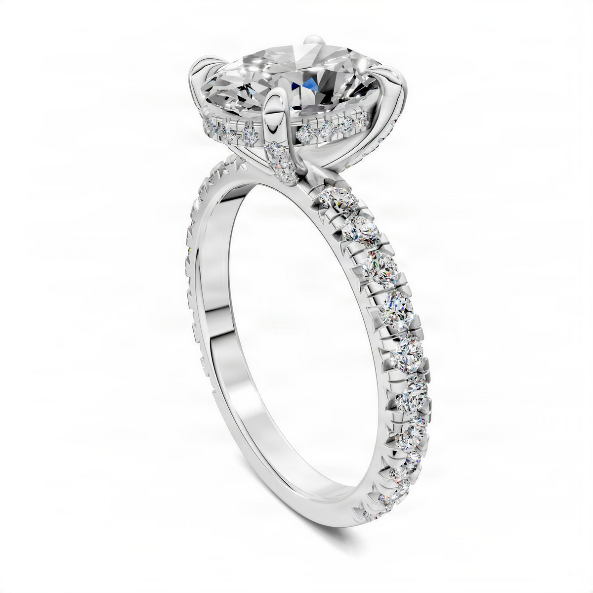 Oval gallery accent ring in platinum with round diamonds, split shank and halo accents