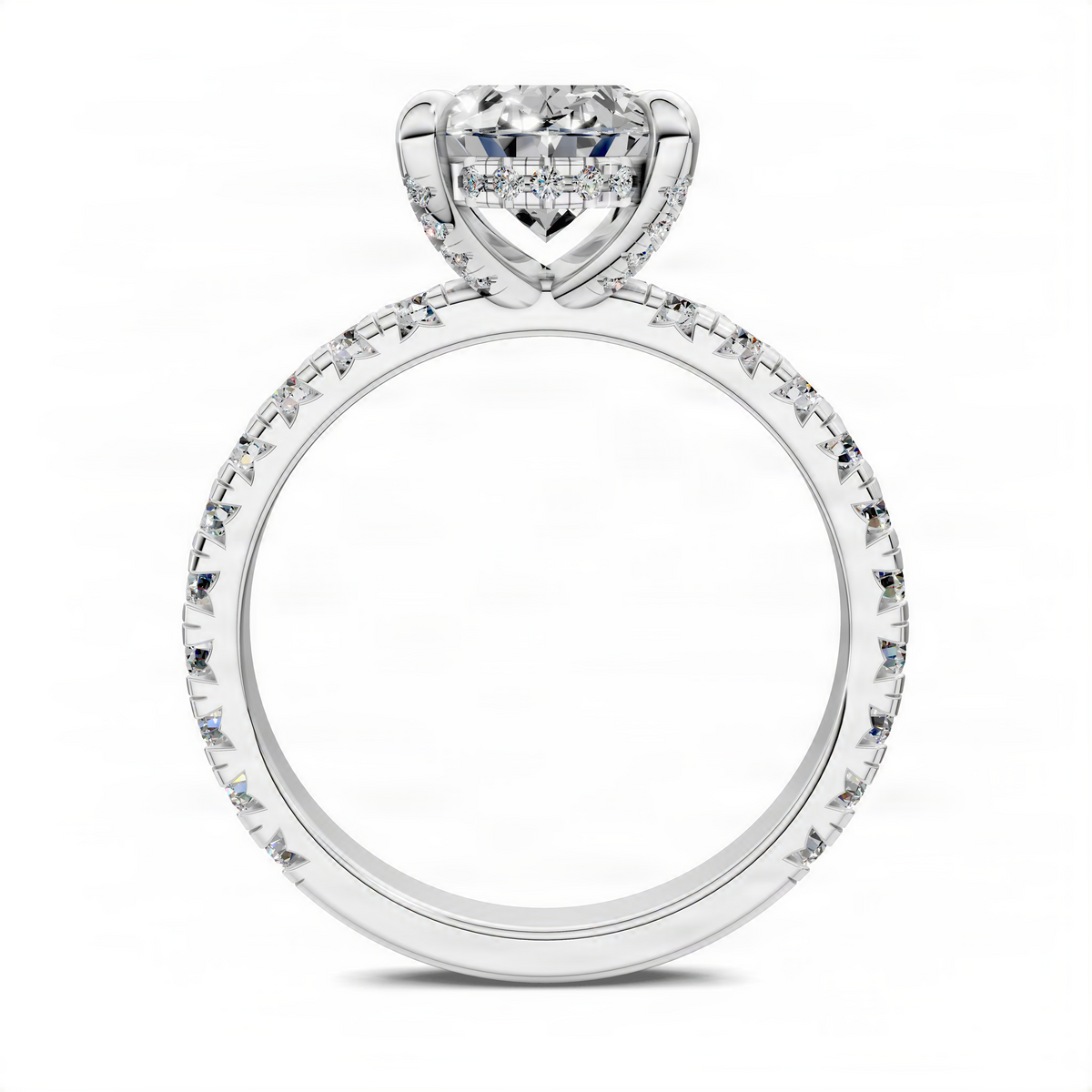 Platinum oval gallery accent ring with central oval diamond and diamond pave band