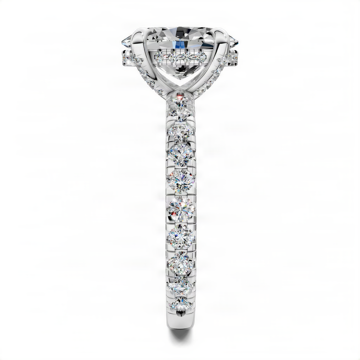 Platinum oval gallery accent ring with tall oval center stone and diamond pave shank