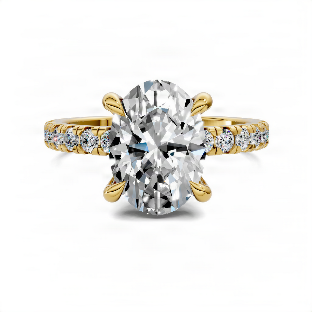 Yellow gold oval gallery accent ring with large oval center diamond and side pave