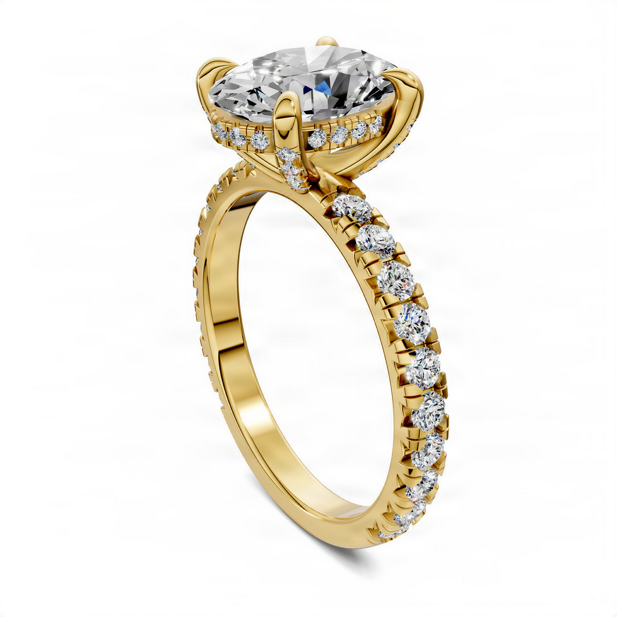 Yellow gold oval gallery accent ring with oval center stone and diamond pave gallery