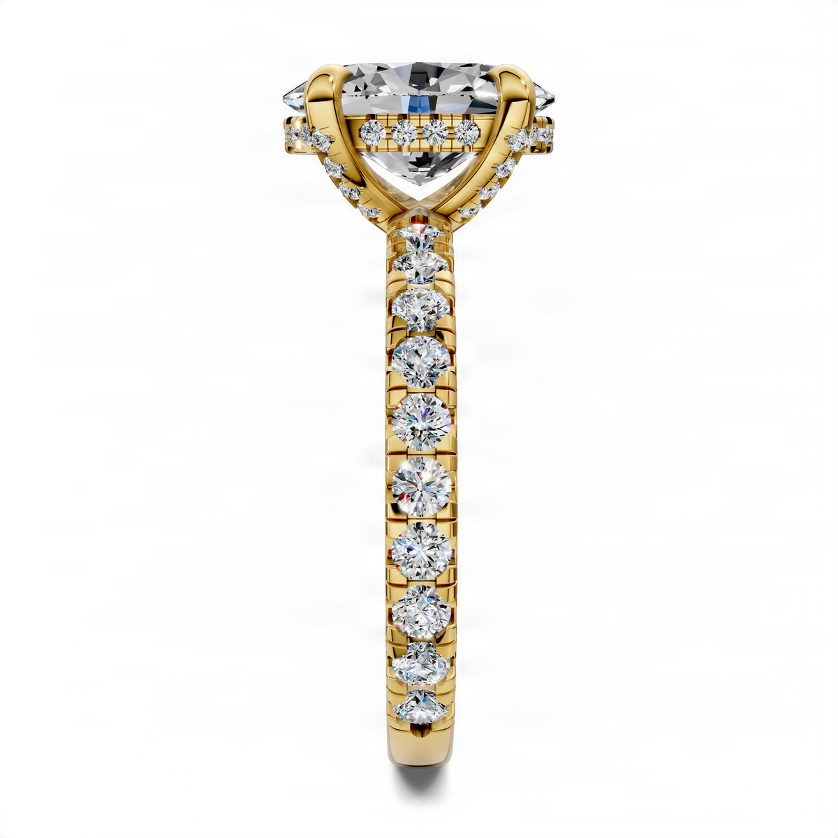 Yellow gold oval gallery accent ring with oval center stone and stacked round diamond pave