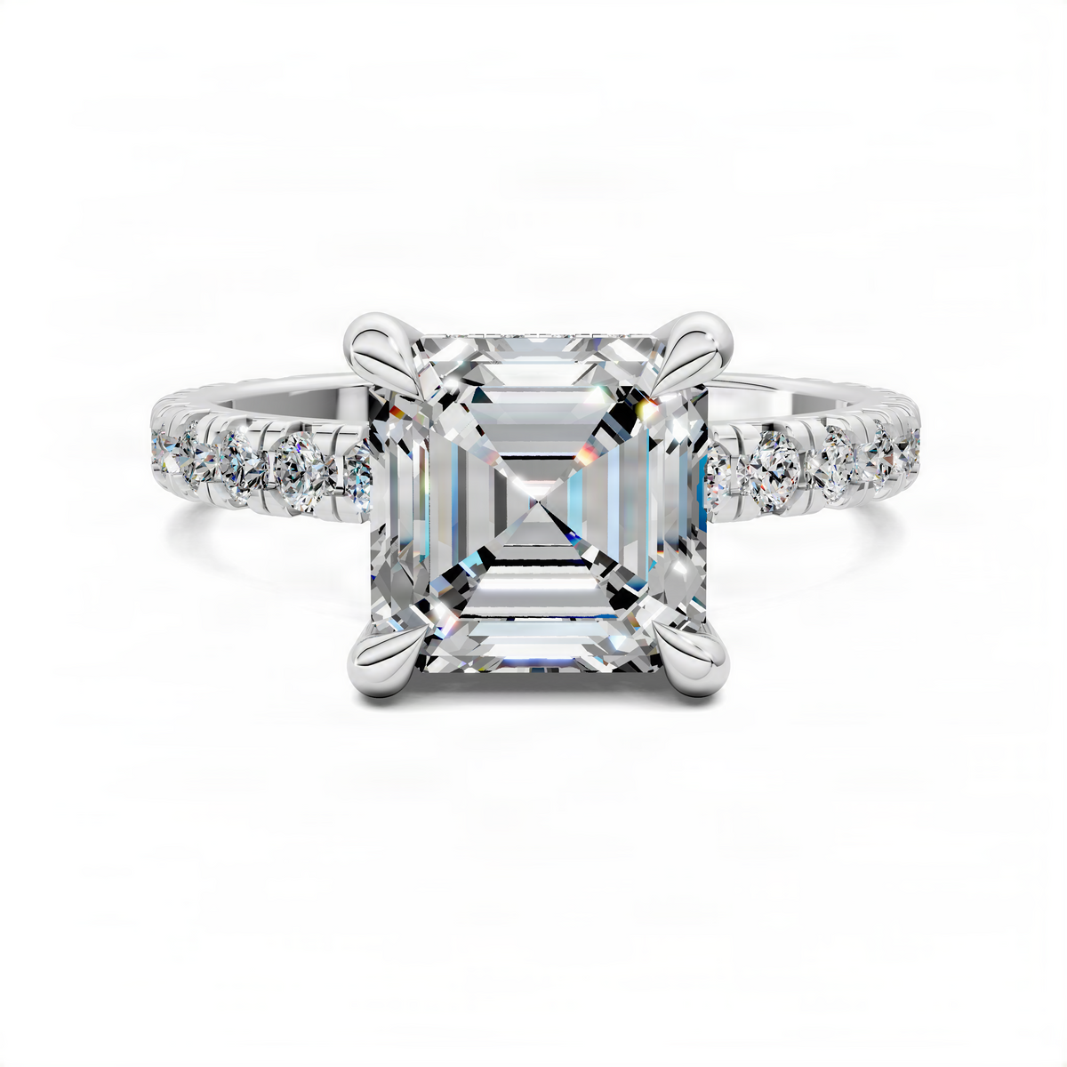 White gold accent ring with asscher-cut center stone and round diamond side stones