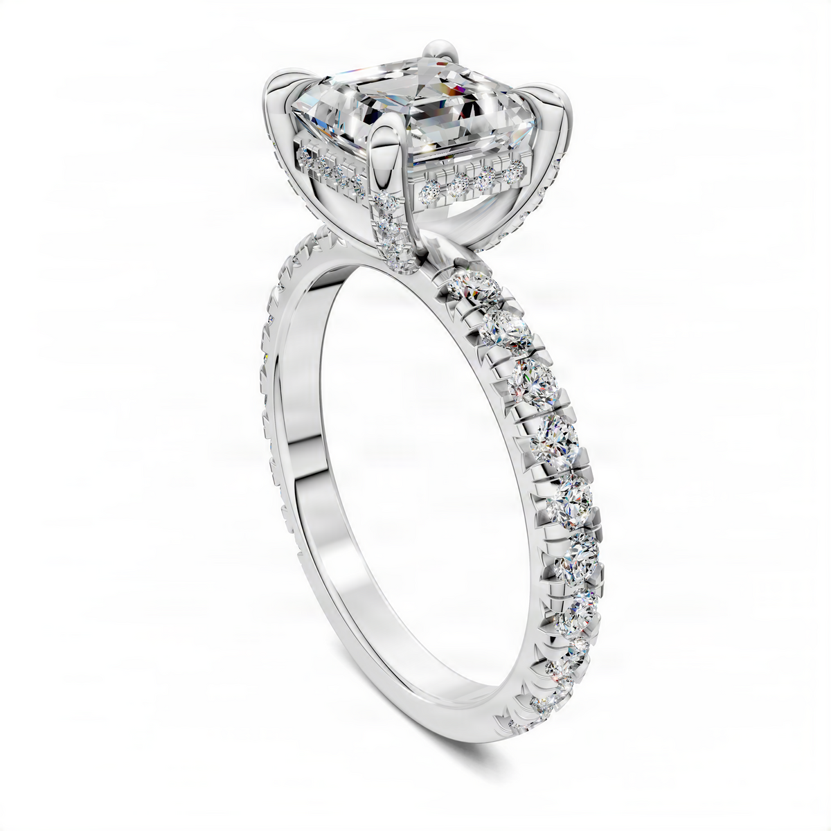 White gold Asscher-style ring with square center stone and diamond accents on band
