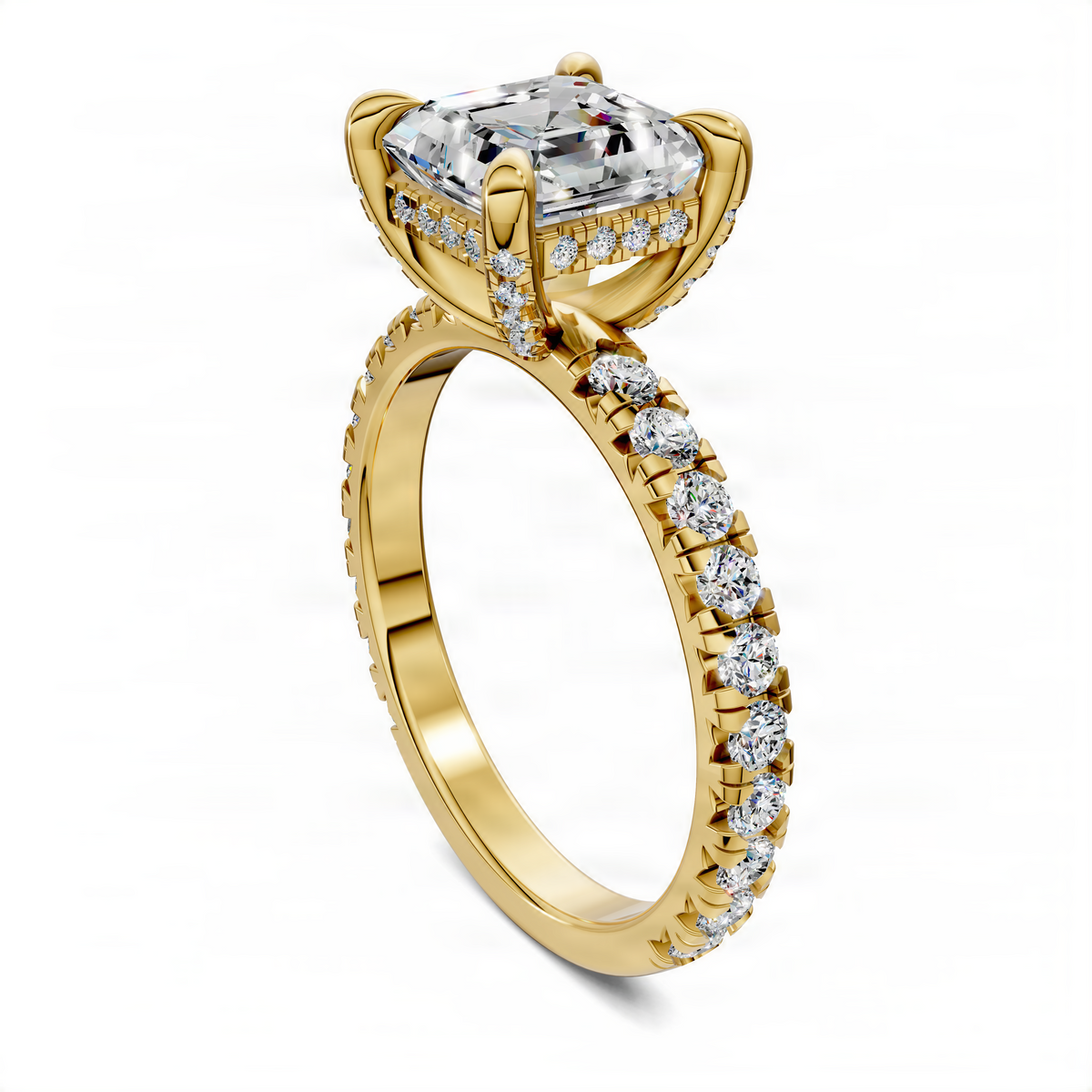 Yellow gold Asscher-style ring with square center stone, diamond halo, and pave accents